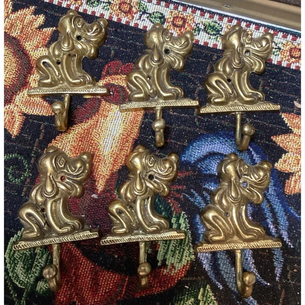 Vintage Brass Metal Pluto Wall Door Coat Hooks Dog Hound Shape Hangers Set of 6
